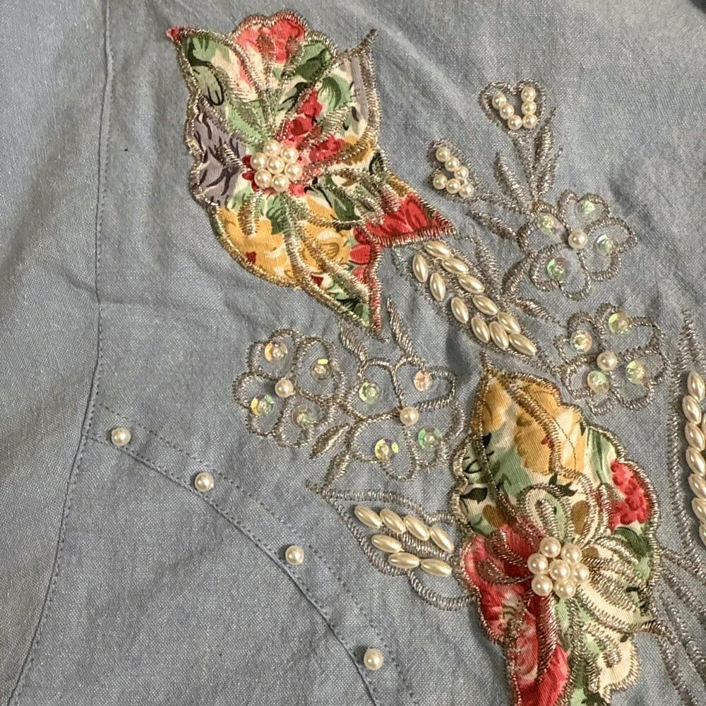 VTG Jane Ashley Chambray Shirt Womens M Denim Floral Beaded Western Cowgirl NWT - Picture 6 of 8